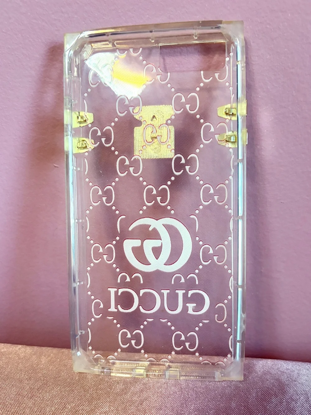 Gucci Logo Pattern Clear/Pink Phone Case with Golden Accents — iPhone 6,7,8 PLUS